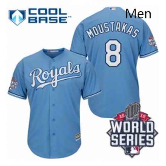 Mens Majestic Kansas City Royals 8 Mike Moustakas Authentic Light Blue Alternate 1 Cool Base 2015 World Series